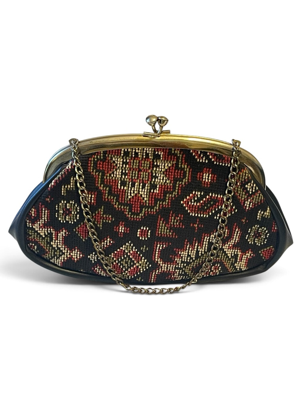 Vintage Needlepoint Tapestry Kiss-Lock Clutch Purse